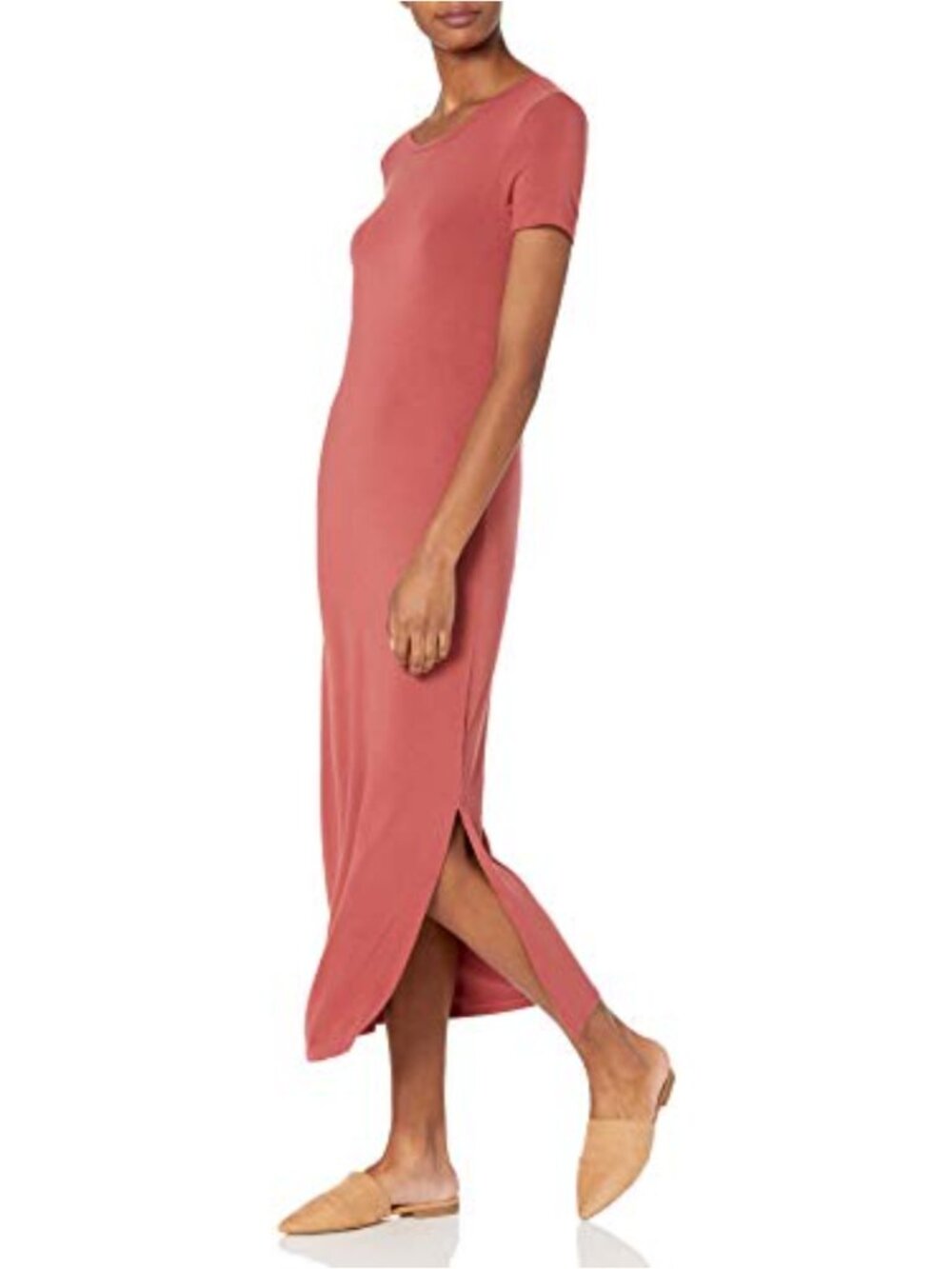 Rayon Spandex Jersey Standard-Fit Short-Sleeve Crewneck Side Slit Maxi Dress